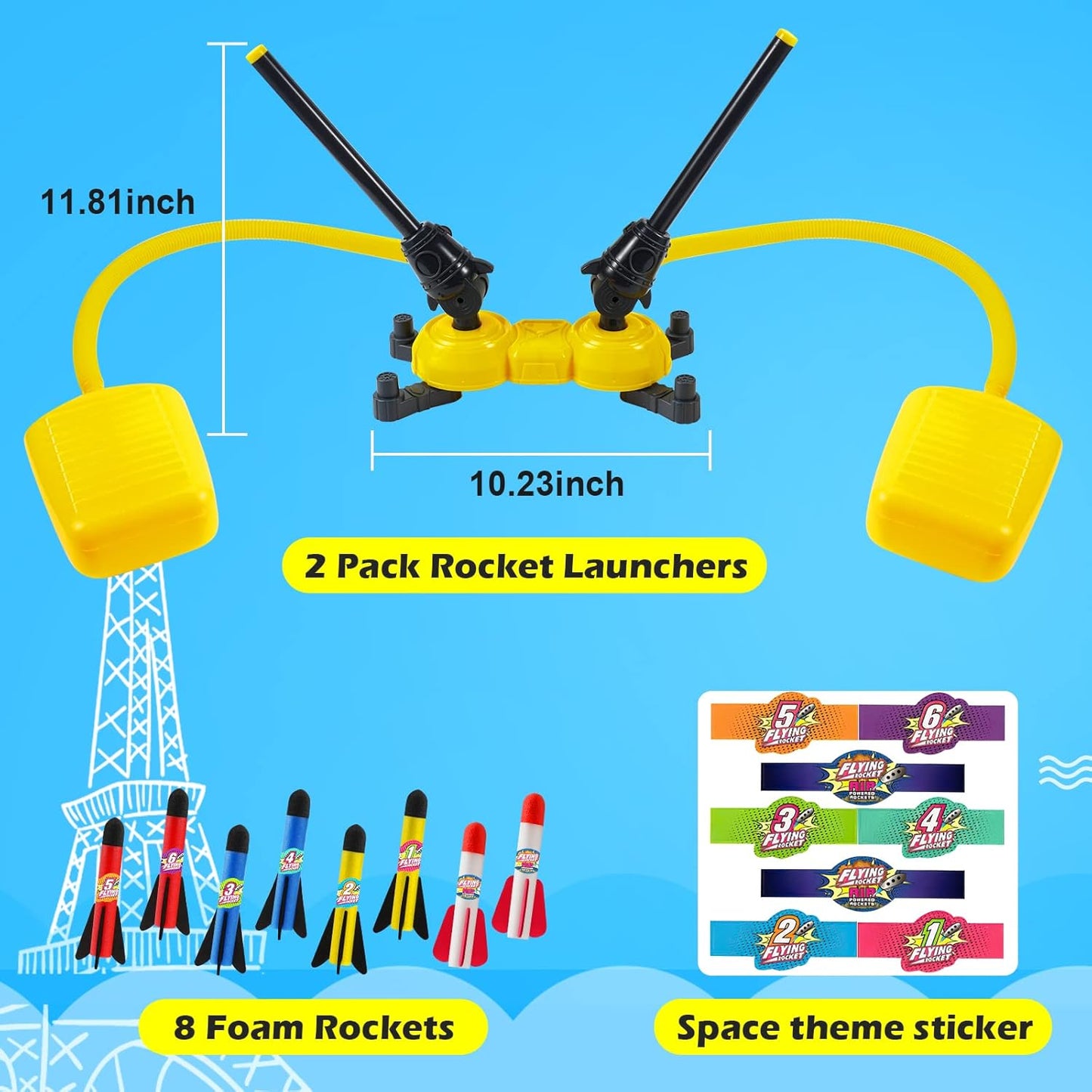 Rocket Launcher Blast Pack – 100-Foot Foam Rocket Set with 8 Colorful Rockets & 2 Stomp Launchers, Perfect Outdoor Fun Gift for Boys & Girls
