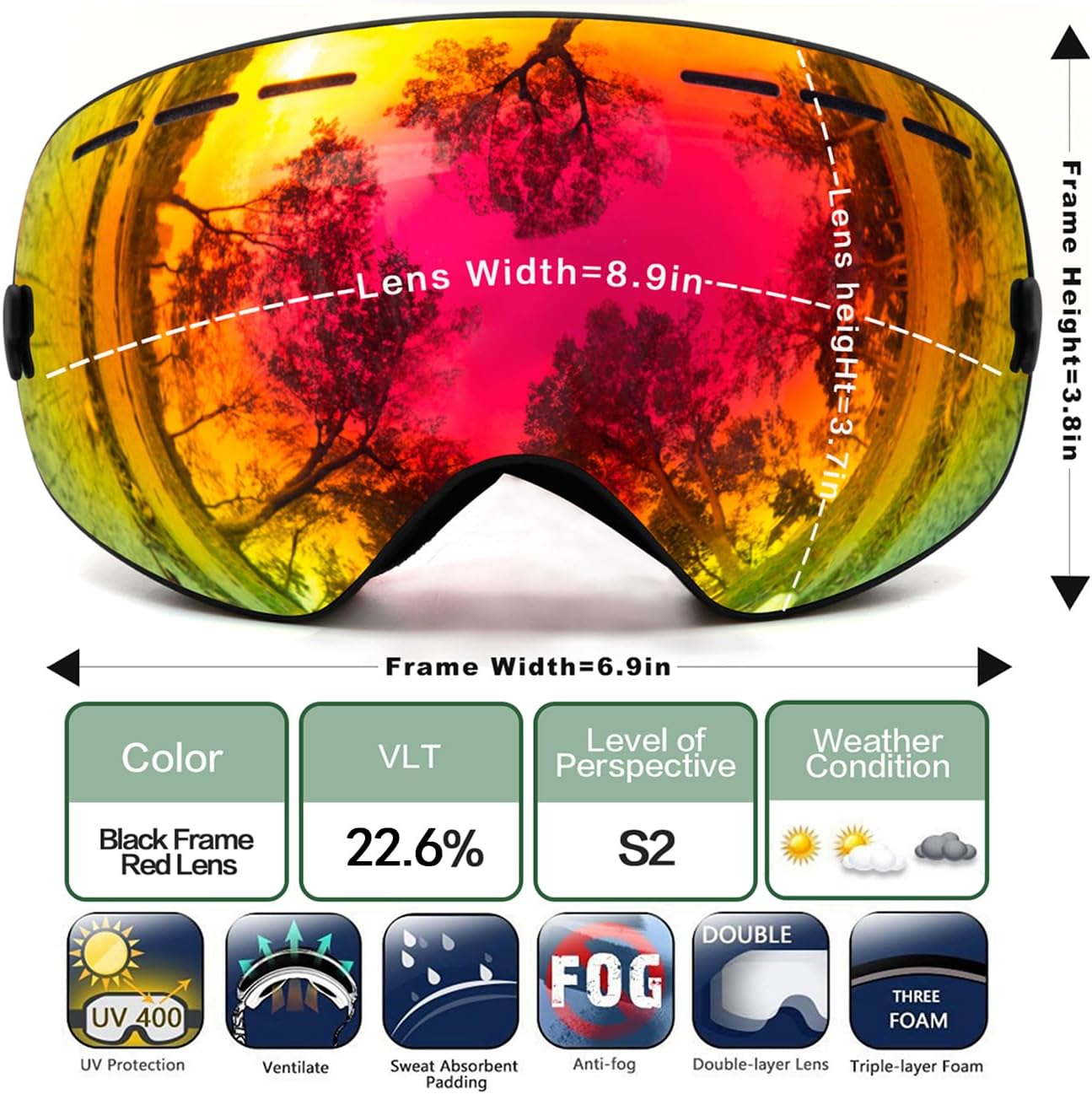 OTG (Over-the-Glasses) Design Ski & Snowboard Goggles for Men, Women & Youth with 100% UV Protection (Black/Red)