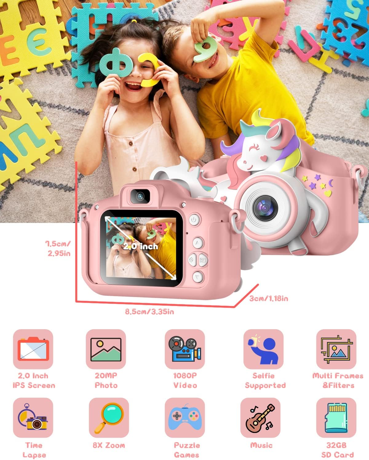 Kids Selfie Camera 20.0MP HD 1080P Dual Digital Toy Camera with IPS Screen & 32GB SD Card, Ideal for 3-8 Year Old Boys & Girls, Perfect Christmas/Birthday Gift