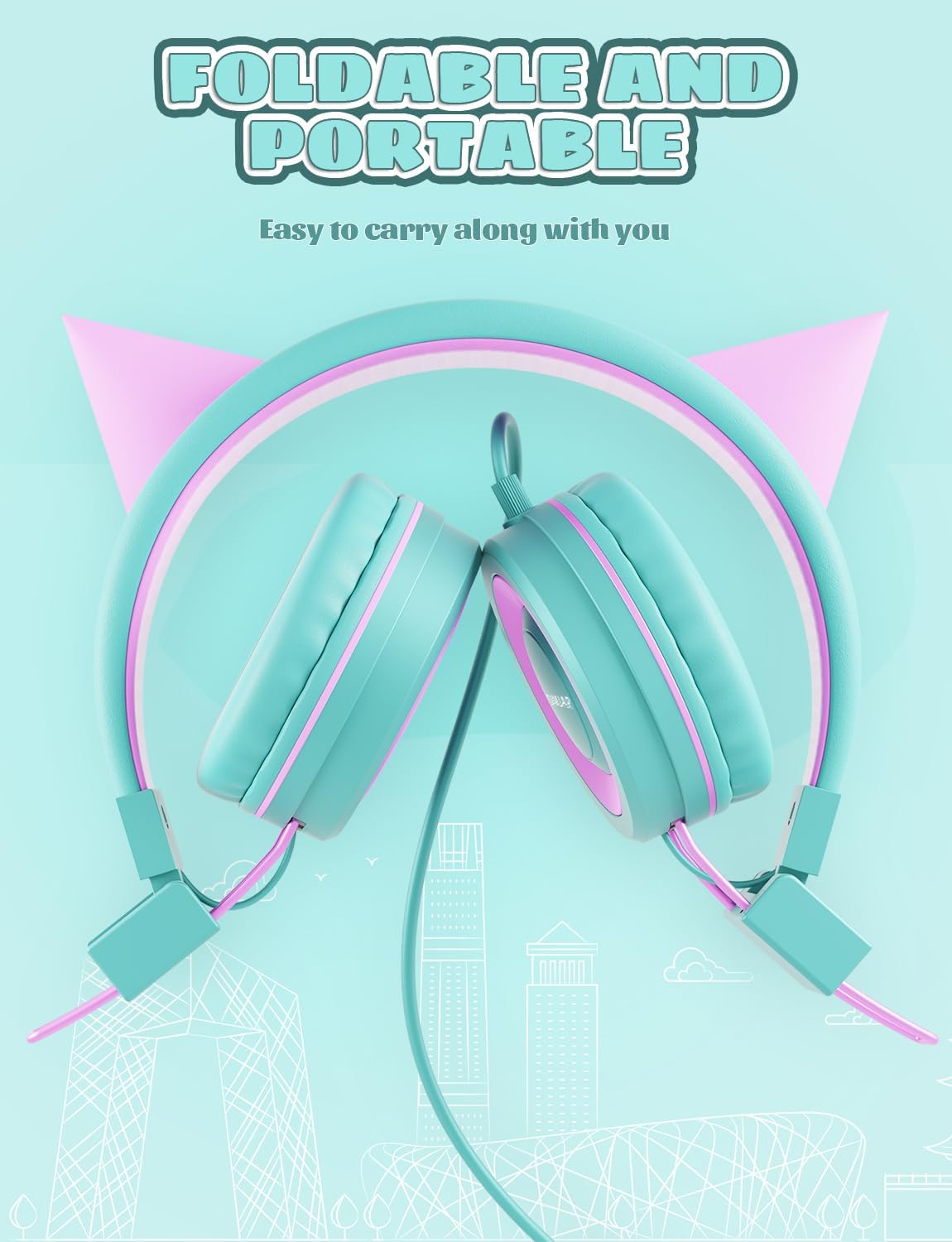Cat Ear Kids Headphones for School, Wired Foldable Headphones with Adjustable Headband, 3.5mm Jack for Online Learning, Tablet, iPad, Computer – Perfect Christmas Gift, (Green)