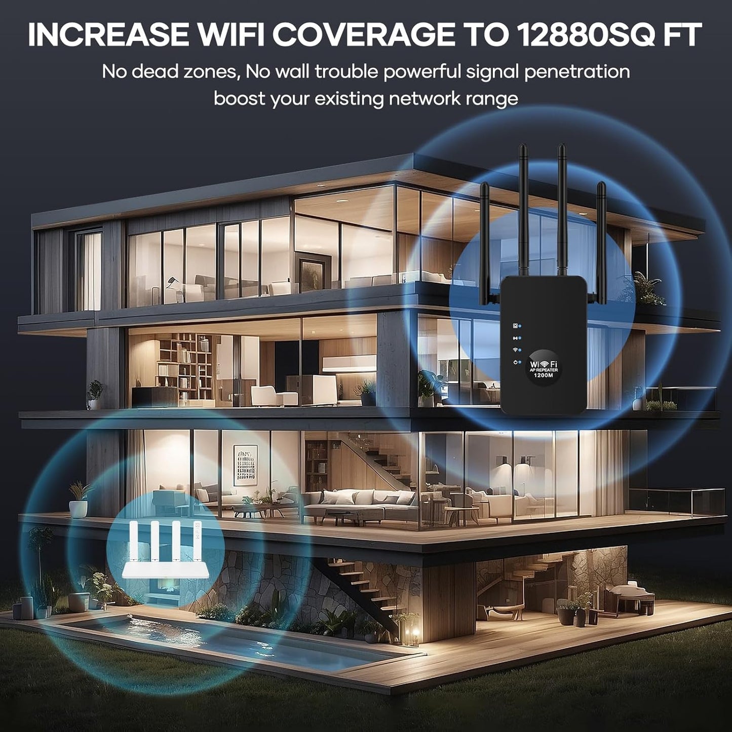 High-Speed Dual-Band WiFi Extender – 1200Mbps Signal Booster with 4 Antennas, 5GHz/2.4GHz, Wide Coverage for Home & Office, Supports Multiple Devices (Black)