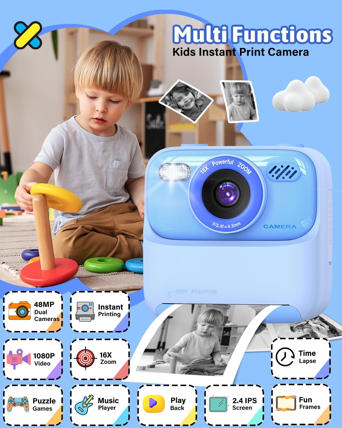 Kids Instant Print Camera, Digital Photo & HD Video, Fun Gift for Girls Boys 3-12 (Blue)