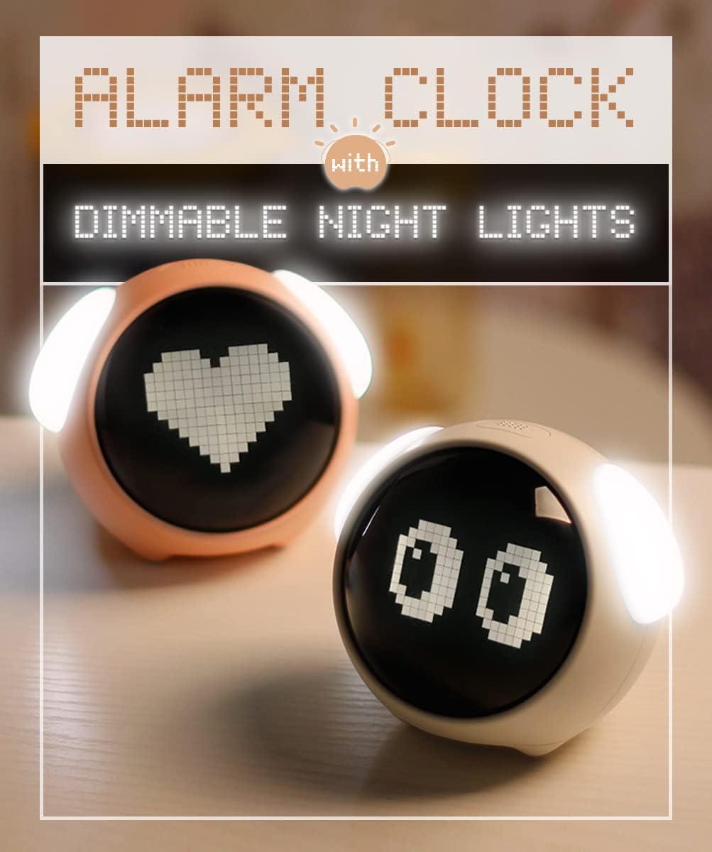 Kids Emoji Alarm Clock with Dual Alarms, Adjustable Brightness Night Light, Voice-Activated, Temperature Detection - Perfect Wake-Up Clock and Christmas Gift for Kids (Pink).