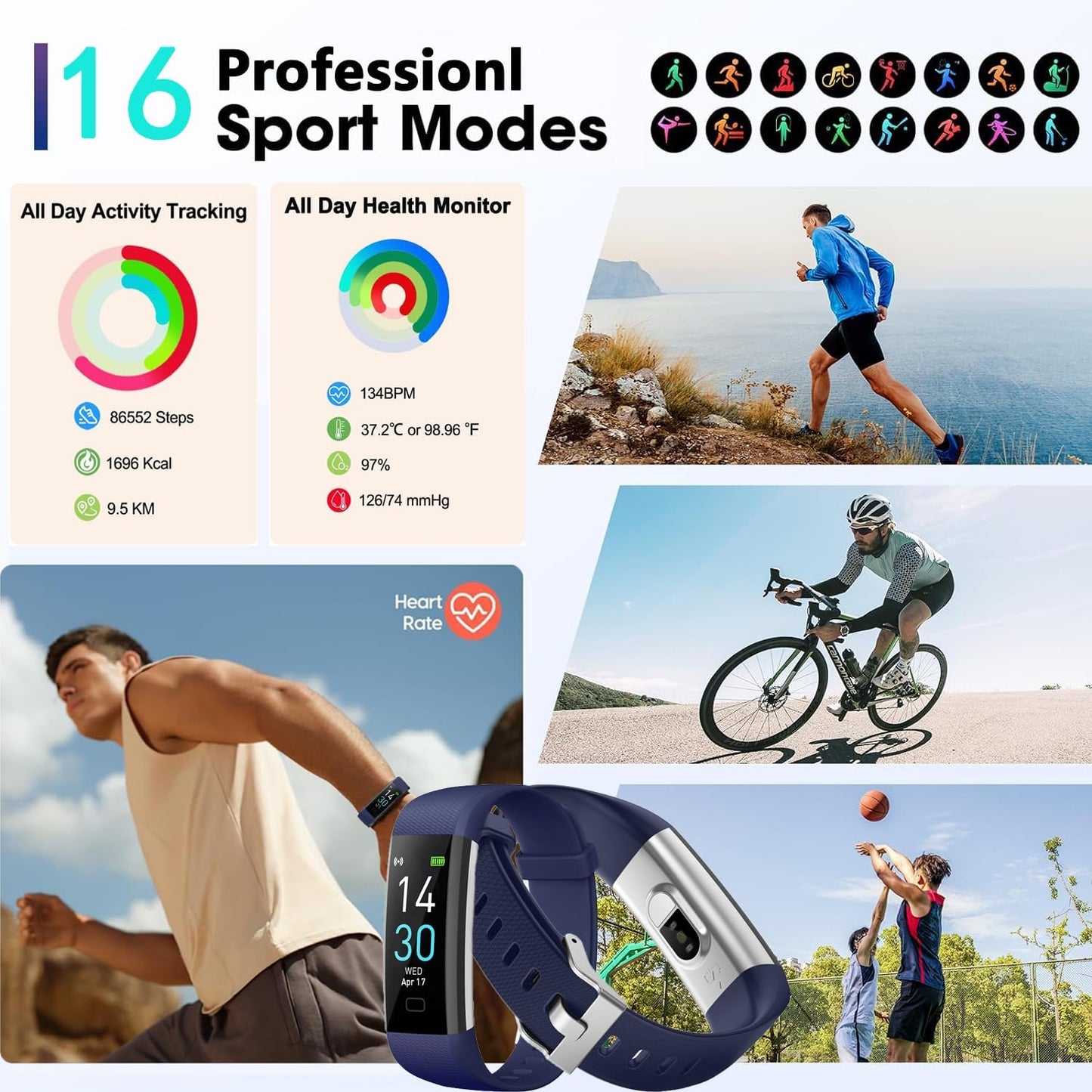 Fitness Tracker Watch with Heart Rate & Sleep Monitor, Step Counter, Calorie Tracker & Multi-Sport Modes for Android & iOS (BLUE)