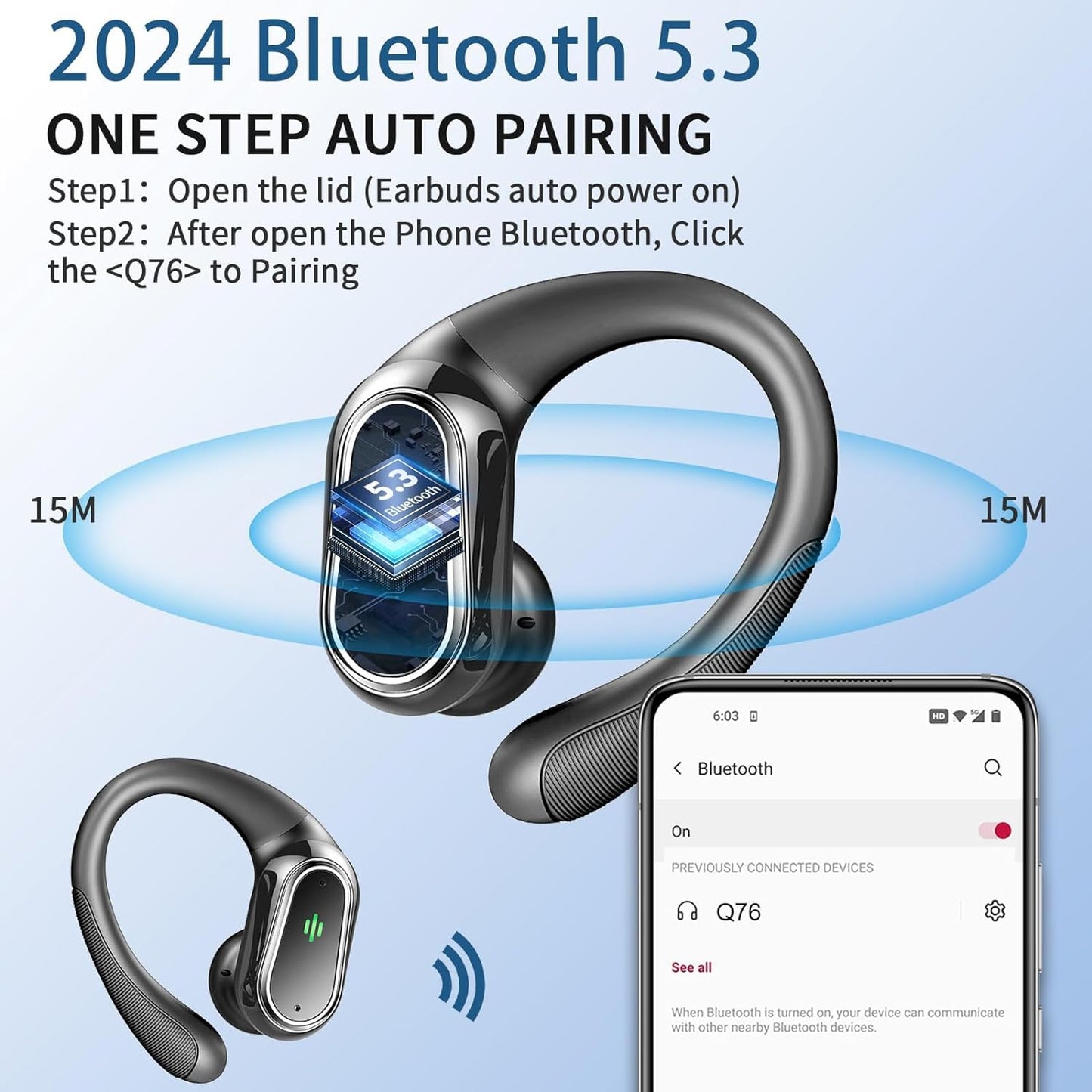 2024 Bluetooth 5.3 Sport Wireless Earbuds with ENC Noise-Canceling Mic, 50H Playtime, IP7 Waterproof Ear hooks & Dual LED Display – Perfect for Running & Workouts