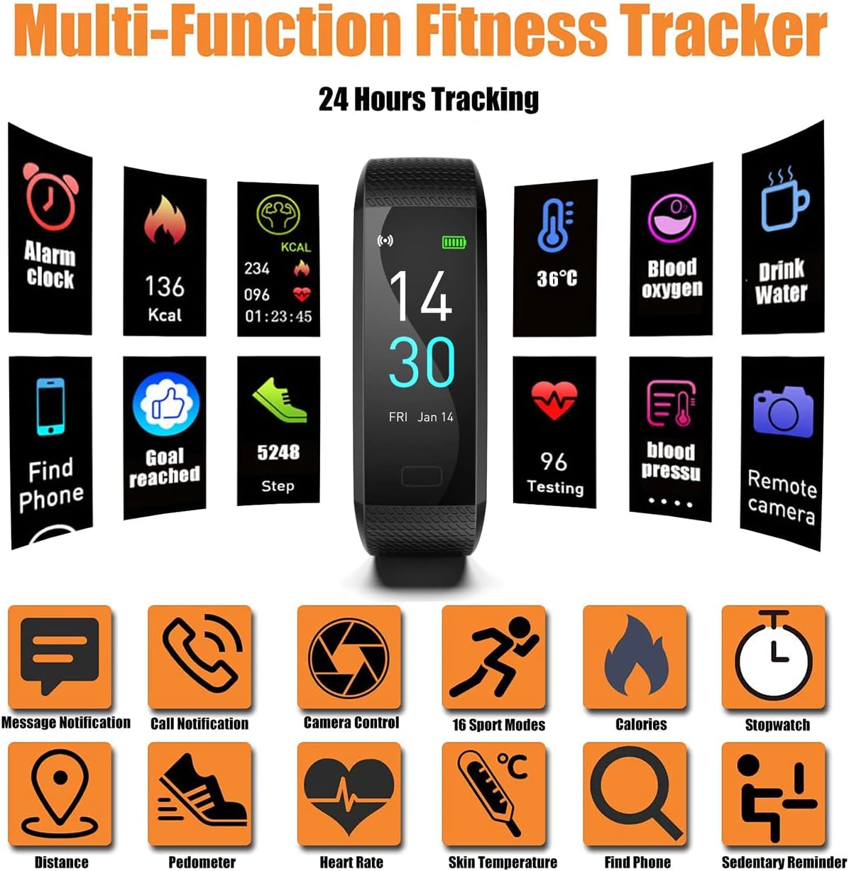 Fitness Tracker Watch with Heart Rate & Sleep Monitor, Step Counter, Calorie Tracker & Multi-Sport Modes for Android & iOS (BLACK)