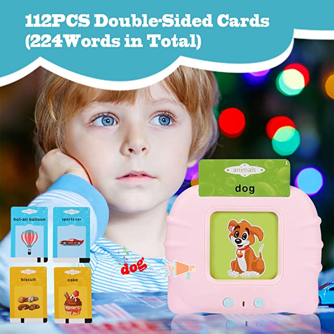Flash Cards for Kids, Electronic Audible Machine Learning Toys, Phonics Talking 112 Pcs Flash Cards, Kids Birthday Gift. (Pink)
