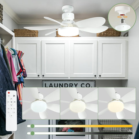 Socket Screw-in Ceiling Fan with Light and Remote - 20.5" 3-Speed Fan, Dimmable LED, E26 Base - Ideal for Kitchen, Bedroom, and Small Spaces