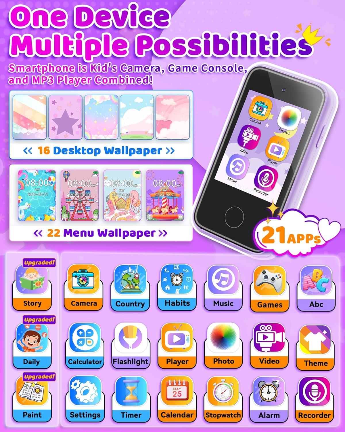 Kids Smart Phone Toy for Boys & Girls 3-6 Years Old - Educational games, Dual cameras, MP3 Music Player, and touchscreen pretend play. Toddler Birthday Gifts - Purple