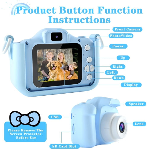 Cat Camera Toy for Kids, Digital Camera with 2.0 Inch Display, 100° angle lens, 3 puzzle games, 28 frames and 6 kinds of filters, HD Video Camera with 32GB SD Card.