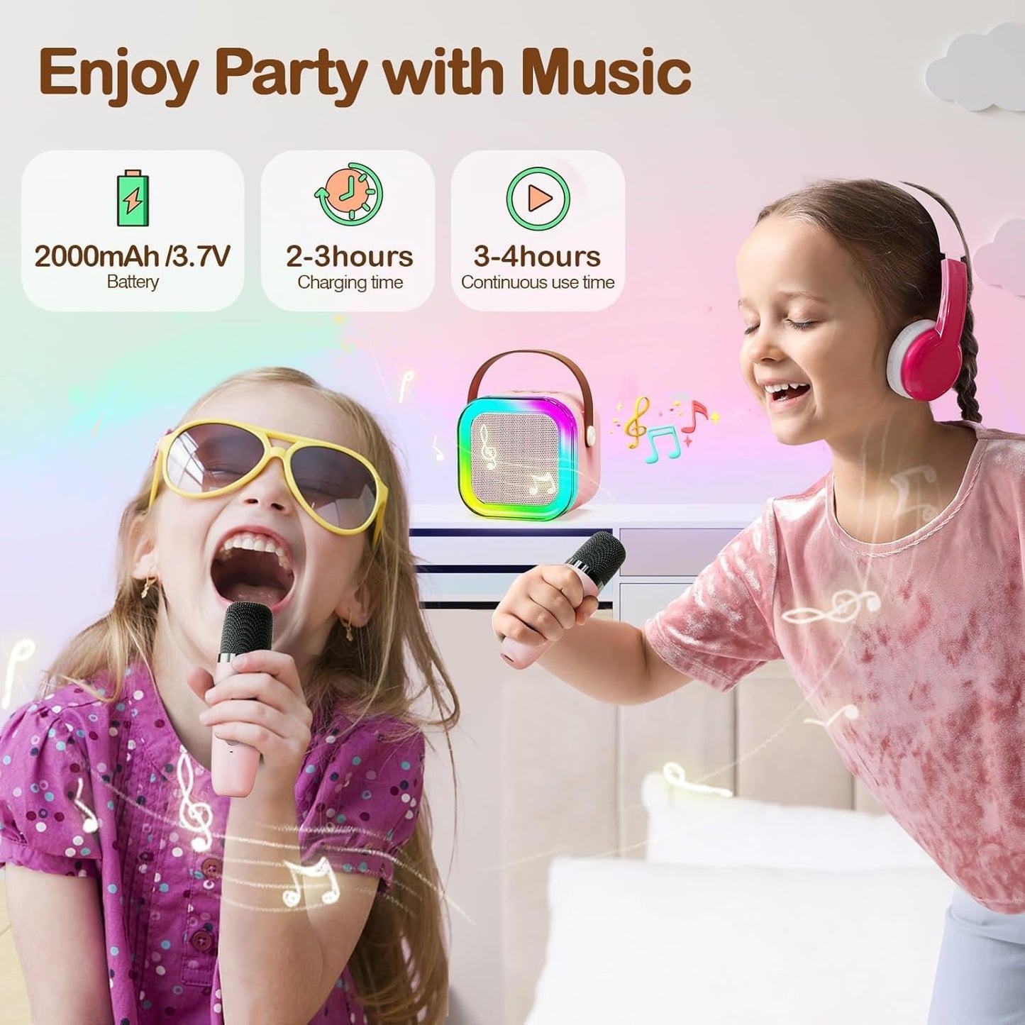 Mini Kids Karaoke Machine 2024, Portable Karaoke Speaker with 1 Wireless Mic & Party Lights, Christmas & Birthday Gift for Girls & Boys Ages 4-12+ (Pink)