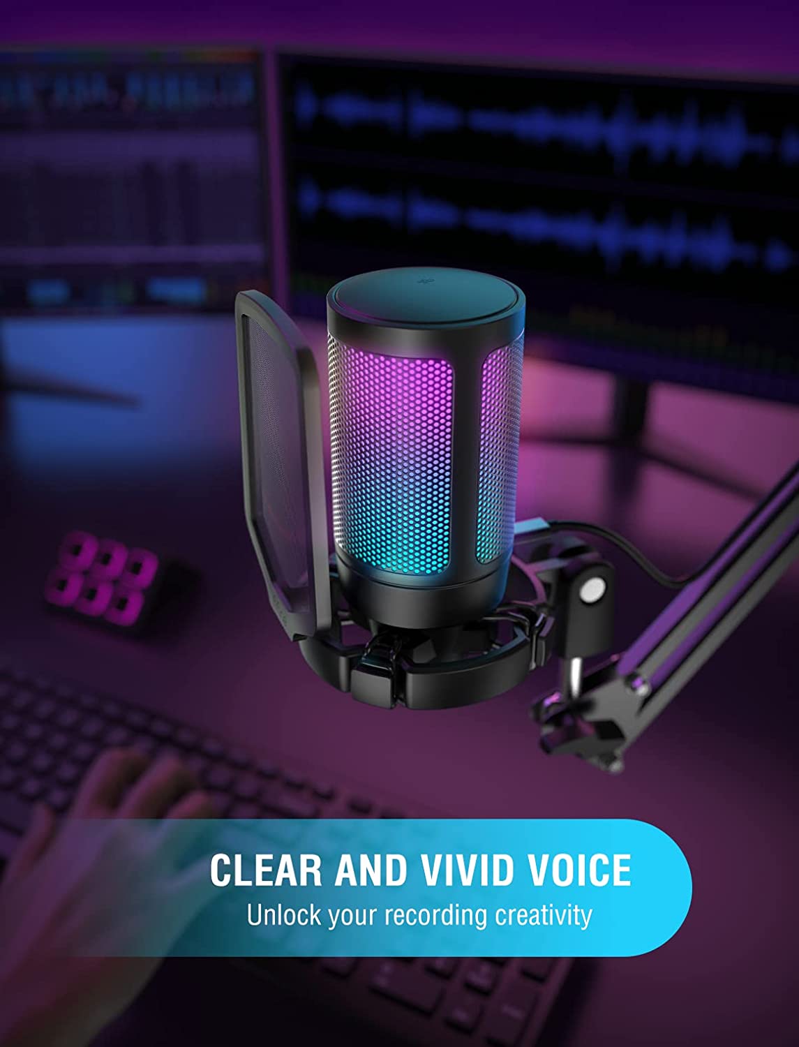 Fifine USB Gaming Microphone for PC PS5, RGB Condenser Mic with Quick Mute