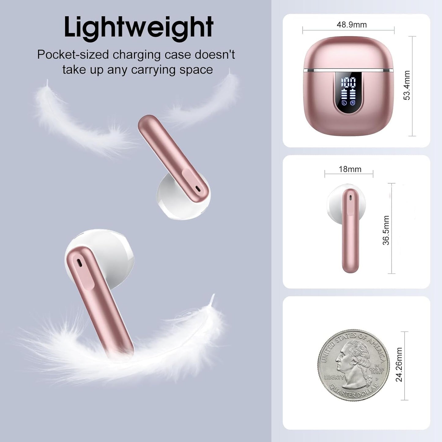 2025 New Bluetooth Rose Gold 5.4 Wireless Earbuds – Mini HiFi Stereo, 4 ENC Noise Cancelling Mics, 40H Battery, USB-C, IP7 Waterproof – Ideal for Sports & Workouts