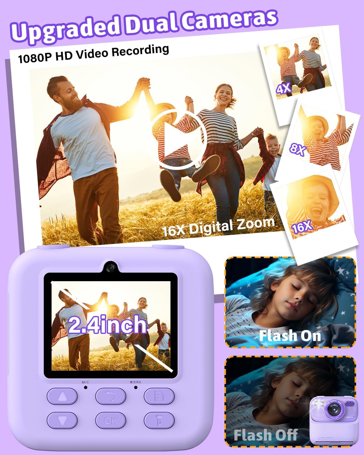 Kids Instant Print Camera, Digital Photo & HD Video, Fun Gift for Girls Boys 3-12 (Purple)