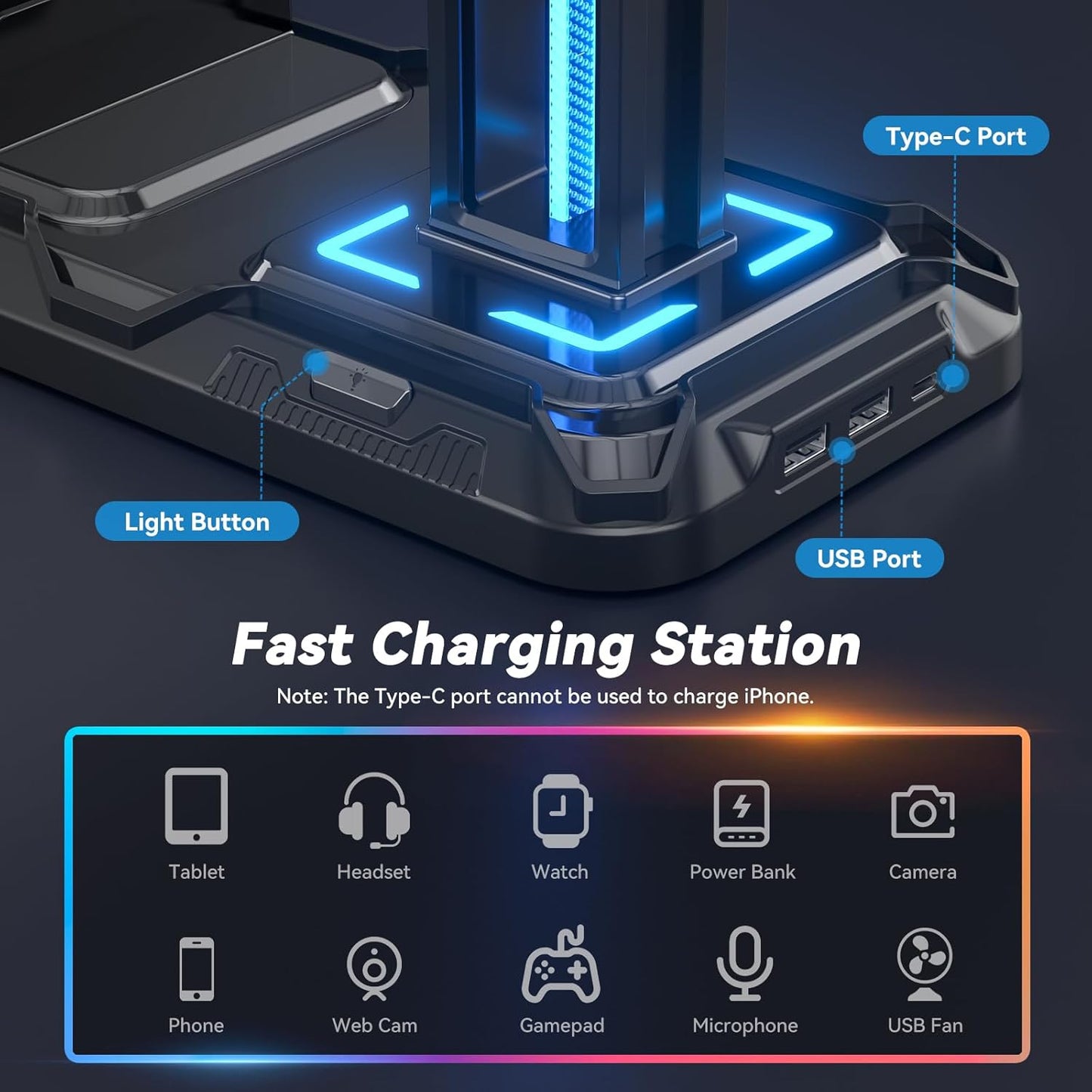 Headset Stand with Phone Holder & Controller Mount, 9 Light Modes, USB Charging Ports, Rotatable Headphone Hanger, Gaming PC Accessories Storage Hook (Black)