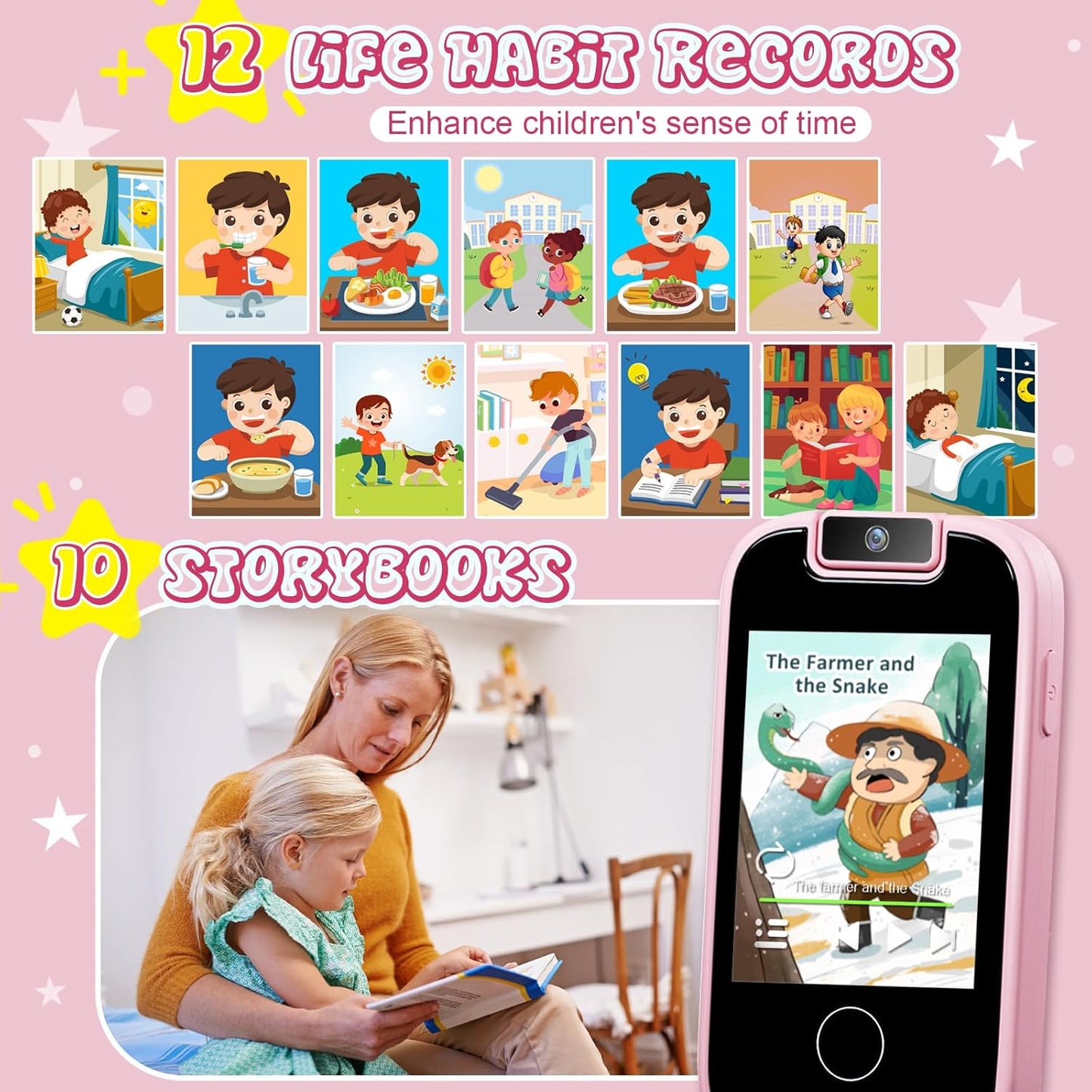Kids Smart Phone Toy – 2.8" Touchscreen, Dual Cameras, MP3, 13 Games & Habit Tracker (Pink)