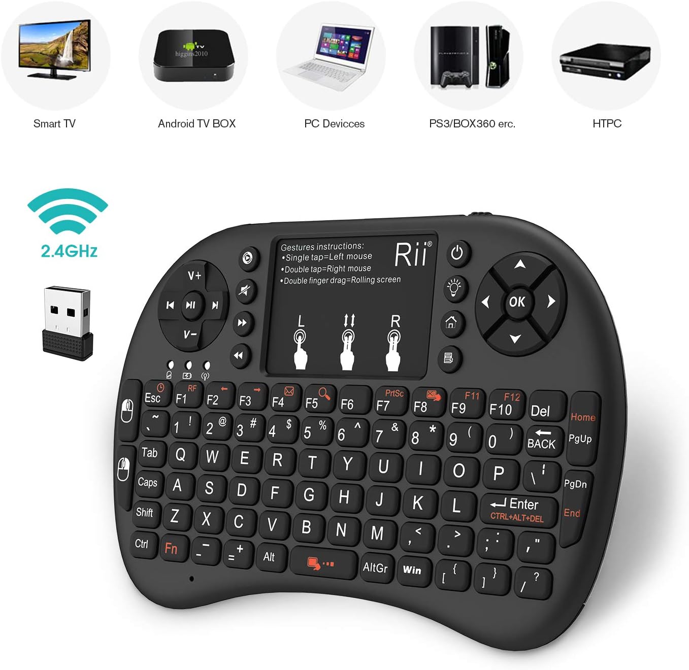 Rii i8+ Mini Wireless Touch Keyboard with Touchpad & LED Backlight – 2.4GHz Compact Keyboard Remote for Smart TV, Android TV Box, Windows, Mac, Raspberry Pi
