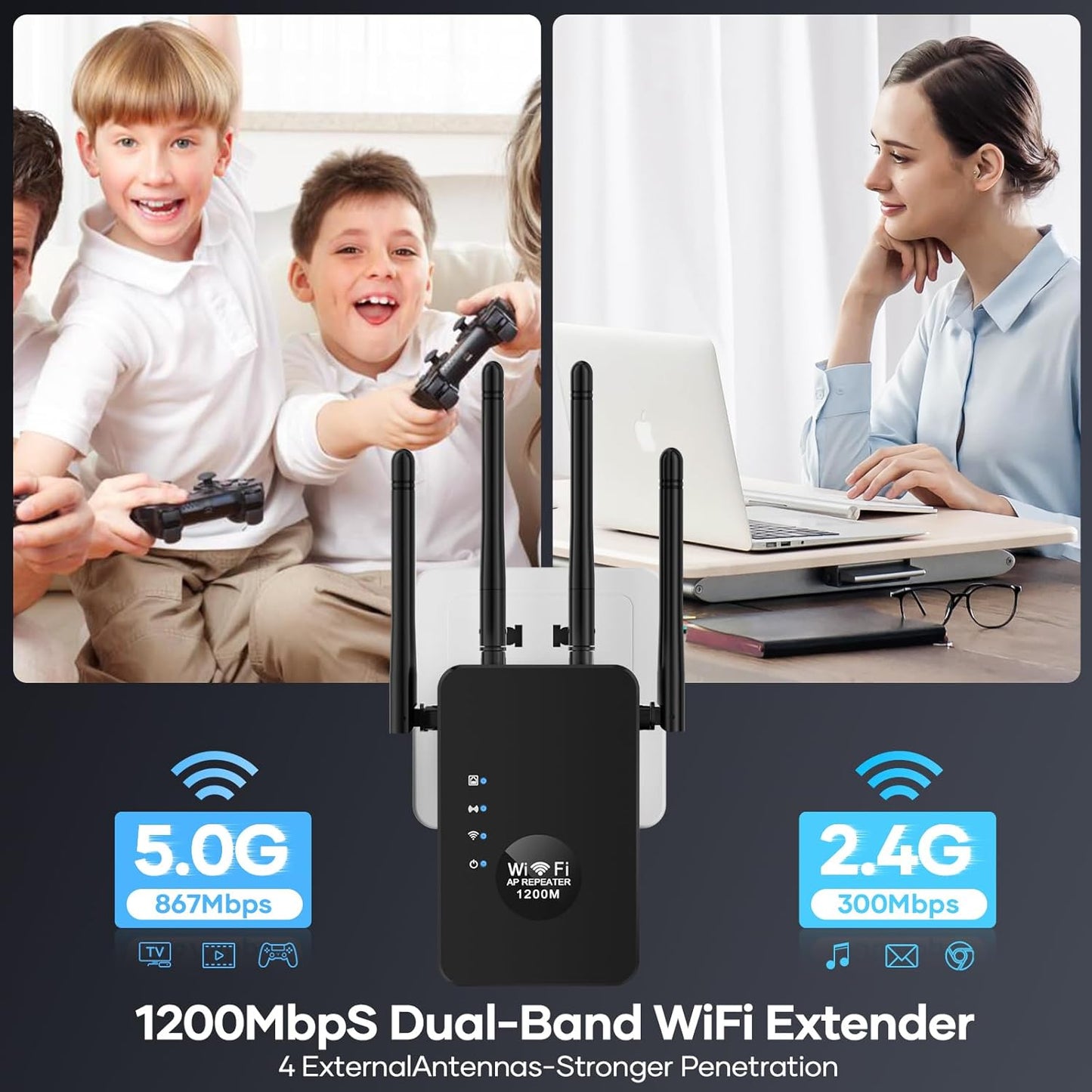 High-Speed Dual-Band WiFi Extender – 1200Mbps Signal Booster with 4 Antennas, 5GHz/2.4GHz, Wide Coverage for Home & Office, Supports Multiple Devices (Black)