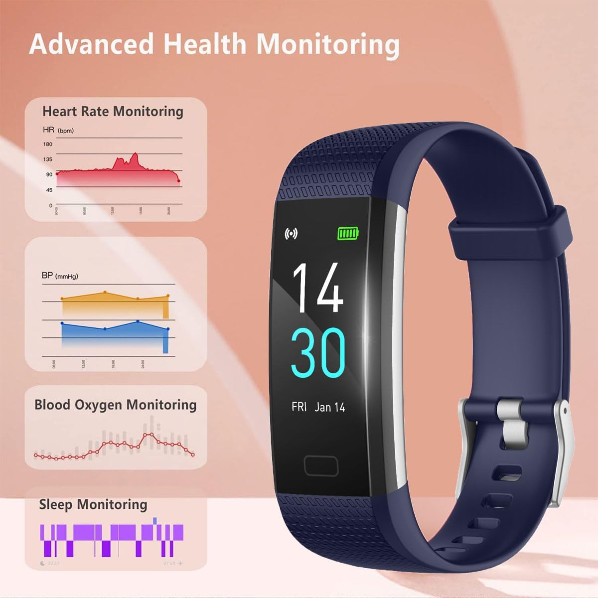 Fitness Tracker Watch with Heart Rate & Sleep Monitor, Step Counter, Calorie Tracker & Multi-Sport Modes for Android & iOS (BLUE)