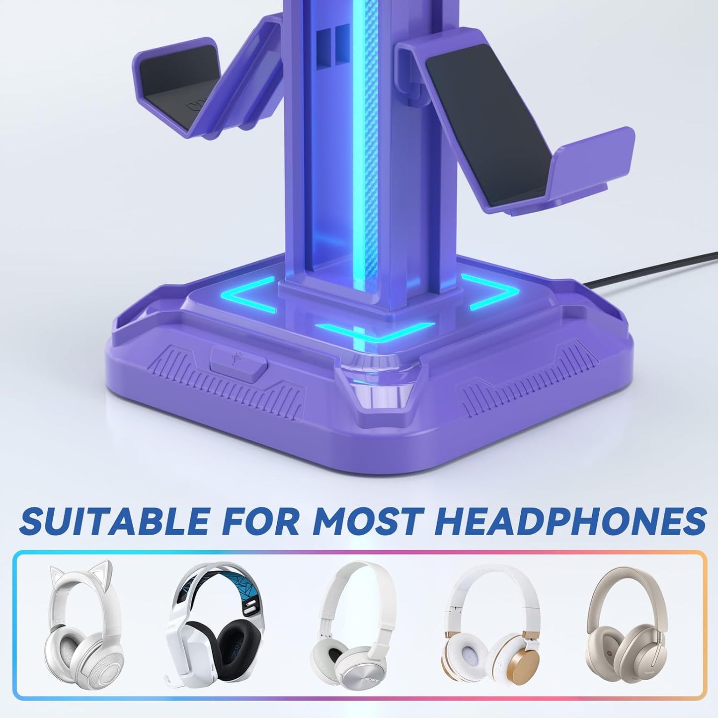 Headset Stand with Phone Holder & Controller Mount, 9 Light Modes, USB Charging Ports, Rotatable Headphone Hanger, Gaming PC Accessories Storage Hook (Black)