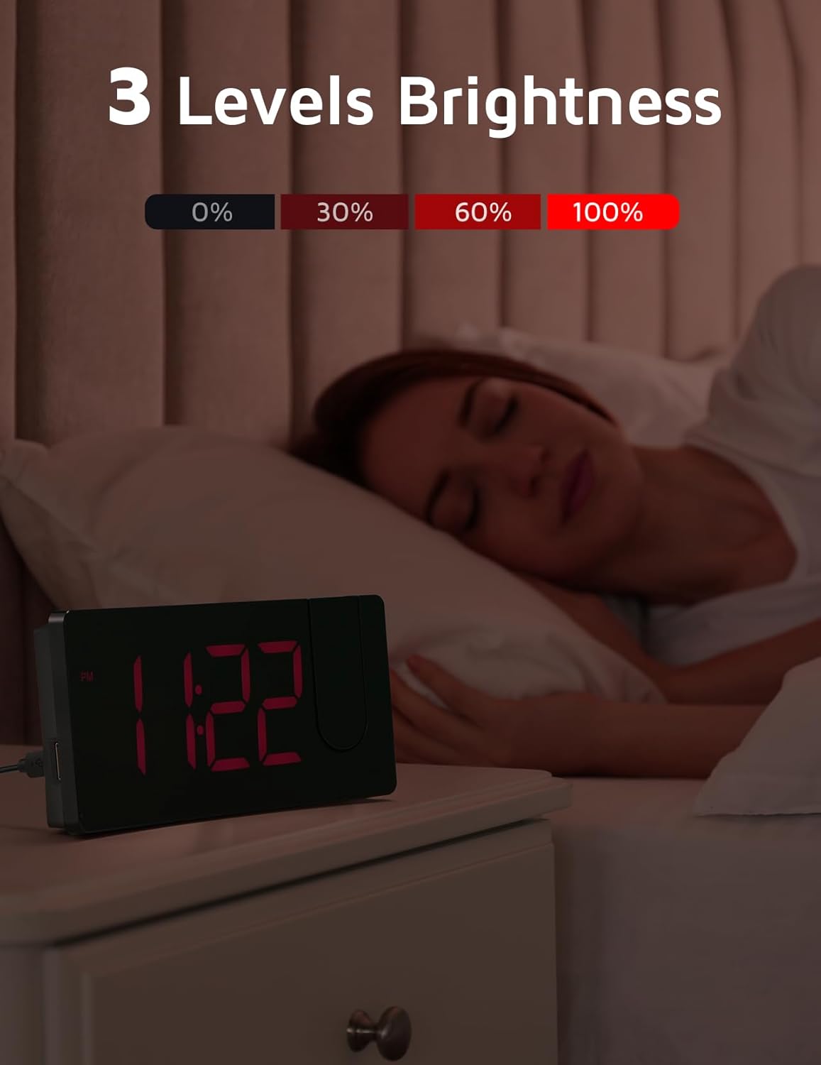 Projection Alarm Clock with 180° Rotatable Projector and USB Charging