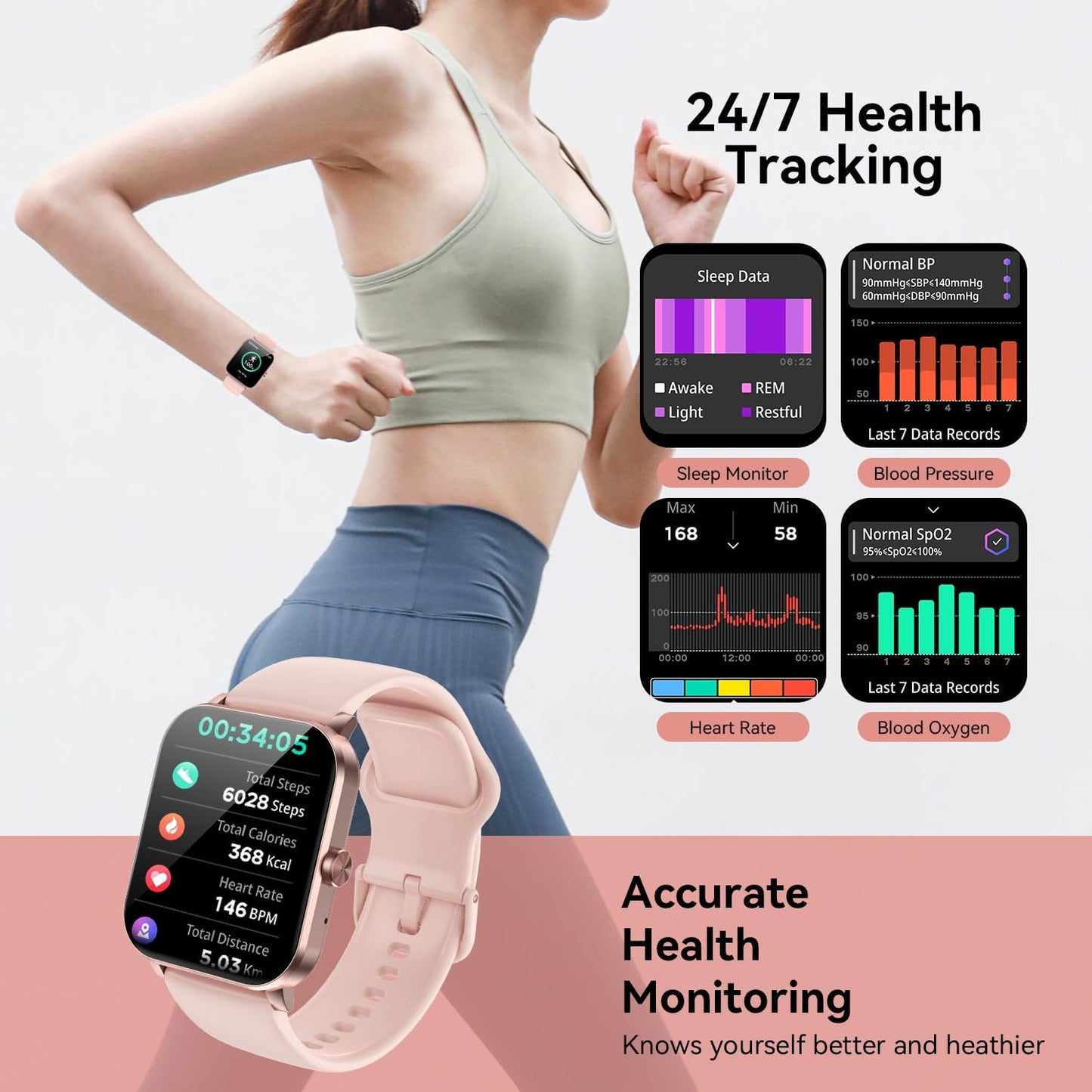 Bluetooth Smart Watch for Men & Women, 1.85" HD Fitness Tracker with Call Function, Heart Rate/Sleep/SpO2/Blood Pressure Monitor, Compatible with iOS & Android (Pink)