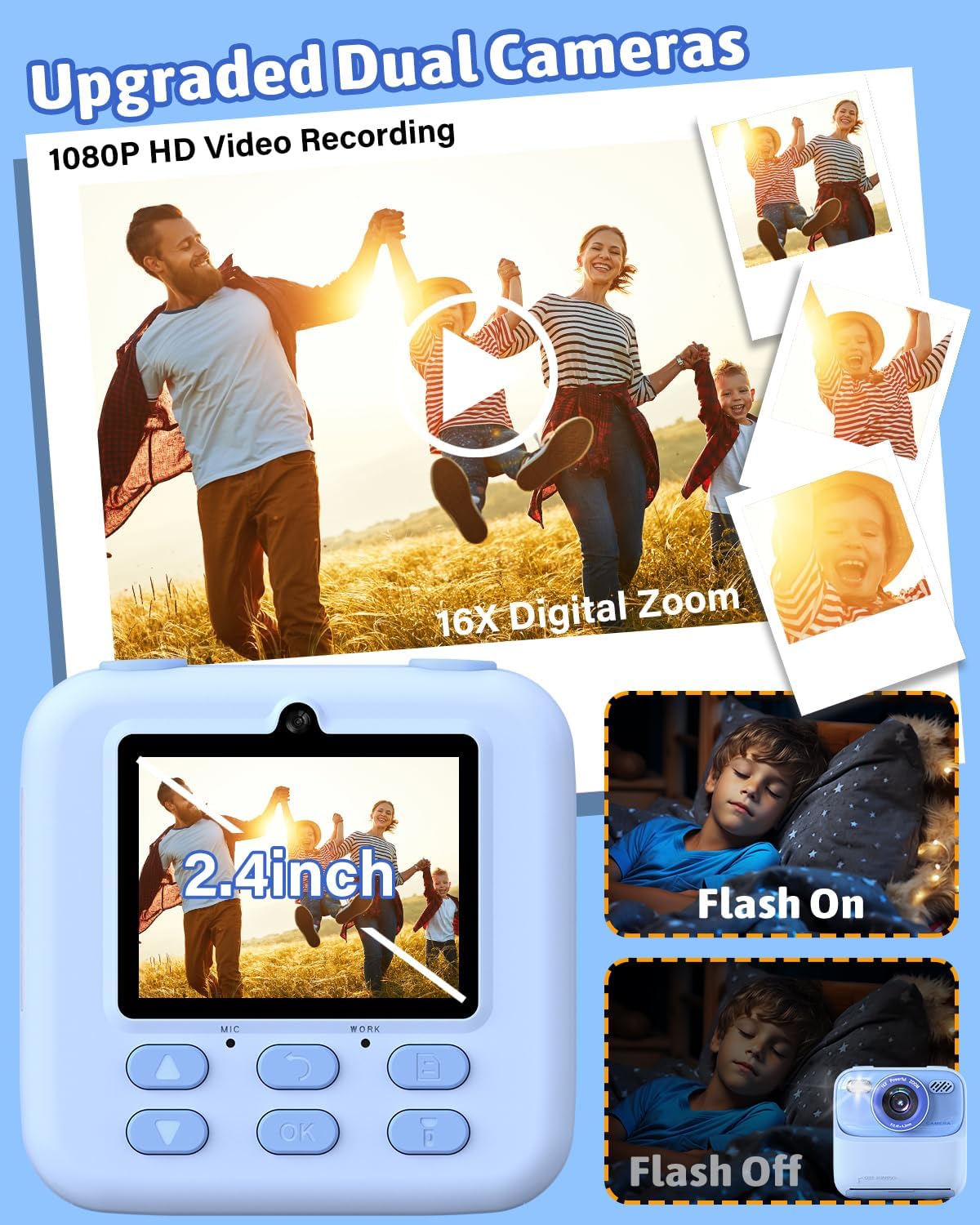 Kids Instant Print Camera, Digital Photo & HD Video, Fun Gift for Girls Boys 3-12 (Blue)