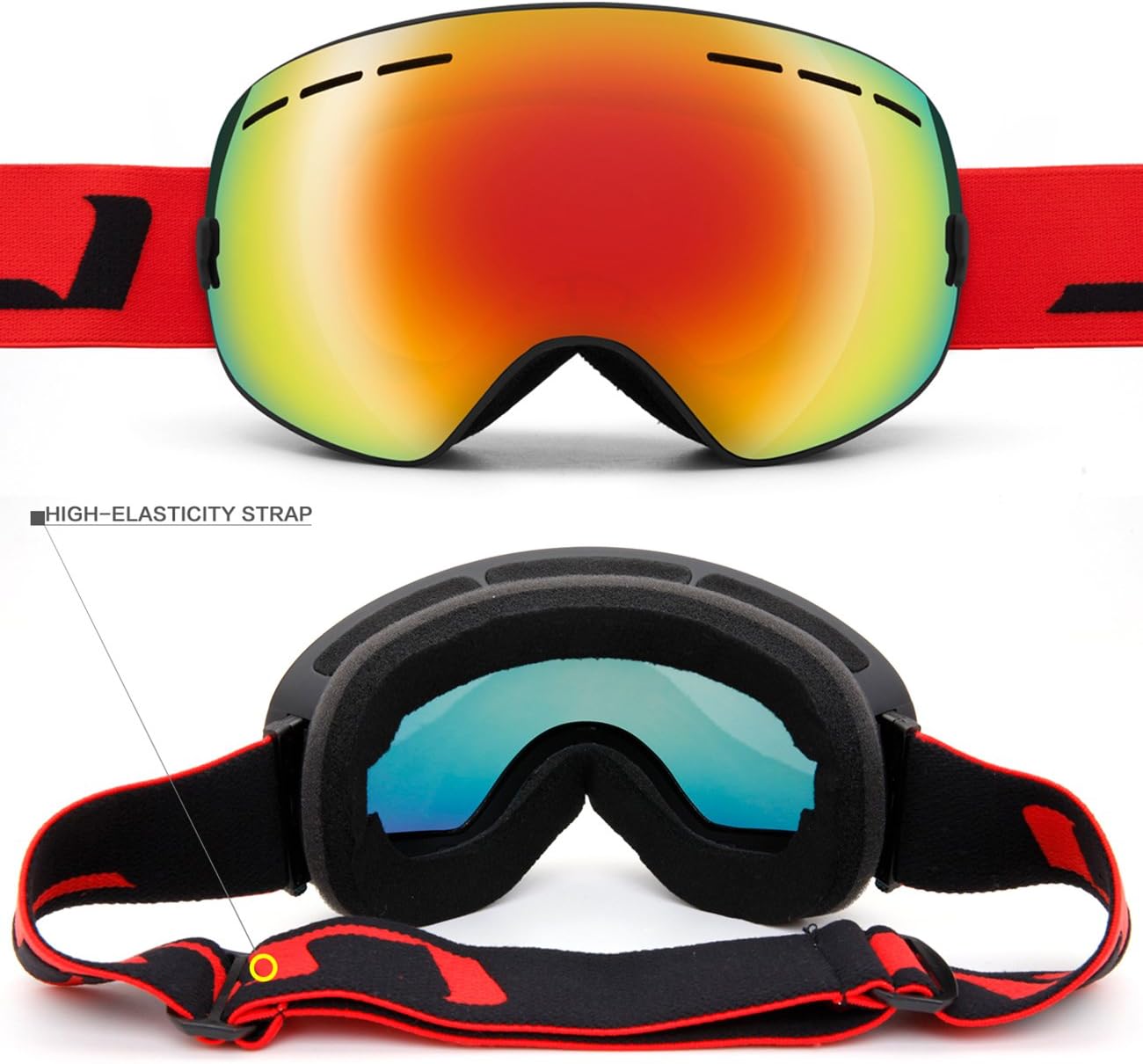 OTG (Over-the-Glasses) Design Ski & Snowboard Goggles for Men, Women & Youth with 100% UV Protection (Black/Red)
