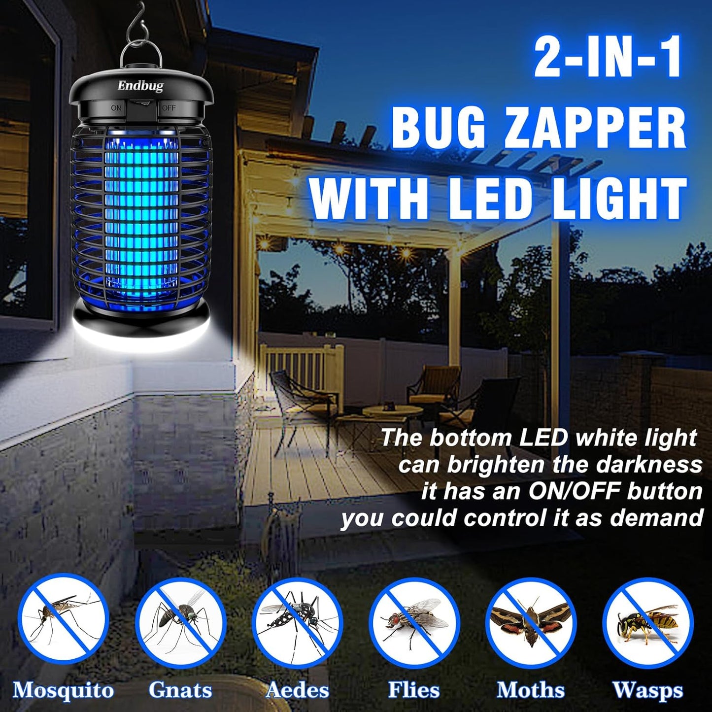 Endbug 2-in-1 Outdoor Bug Zapper with LED Light and 4200V Grid