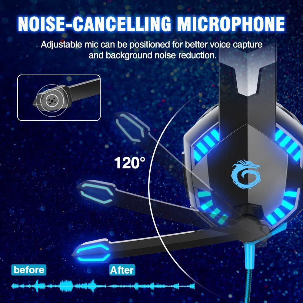 G2000 Stereo Gaming Headset for PC, Xbox One, PS4, PS5 - 3D Surround Sound, Noise-Cancelling Mic, Volume Control, LED Lights - Wired Gaming Chat Headphones - BLACK