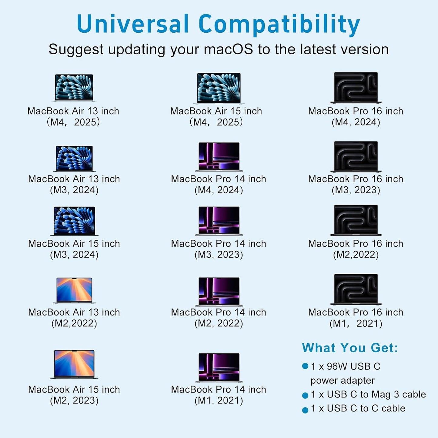 MacBook Pro Charger 96W/70W USB-C to MagSafe 3 Power Adapter