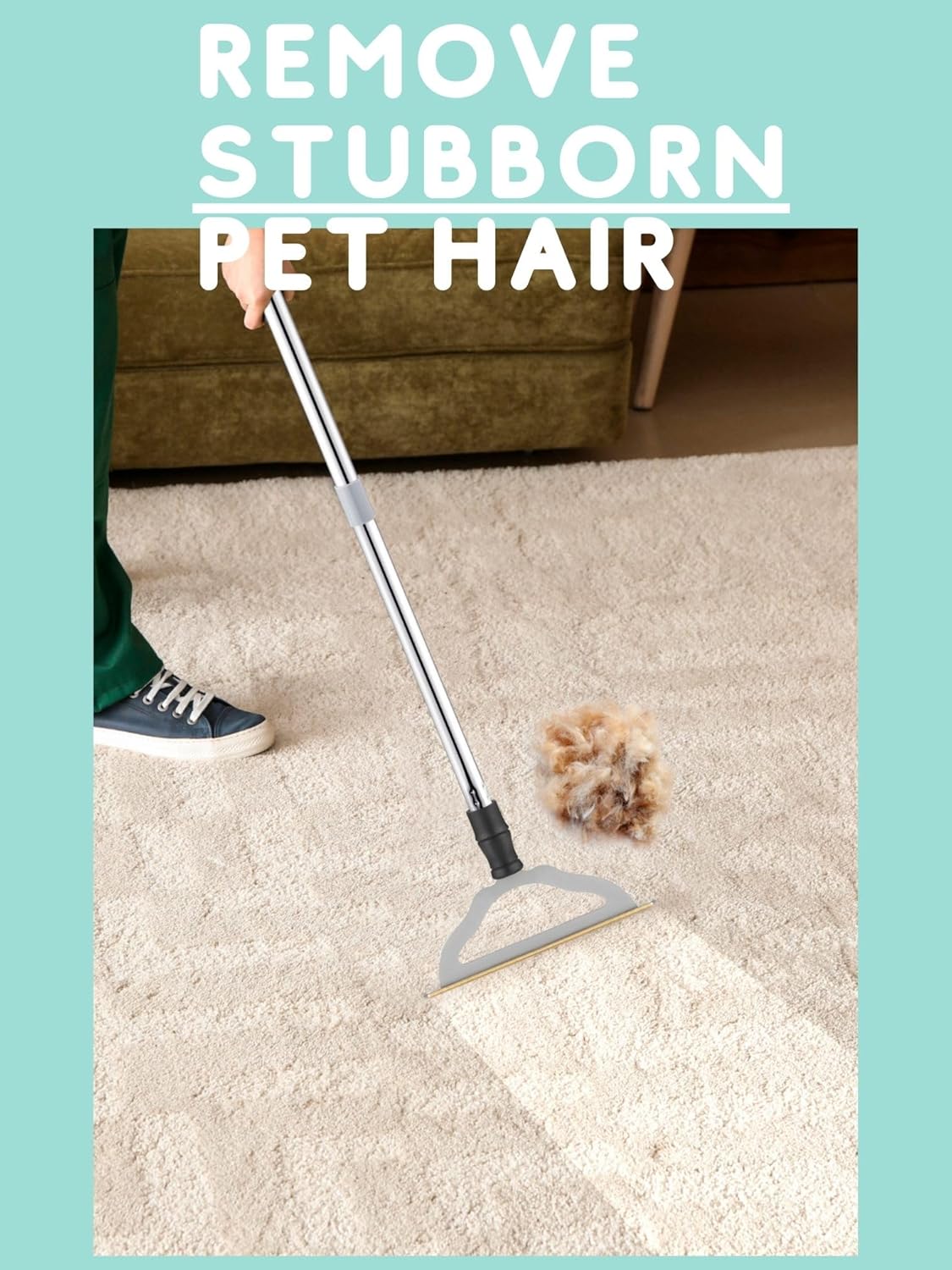 Adjustable Carpet Rake for Pet Hair – Long Handle Fur Remover for Dog & Cat Hair, Reusable Lint & Hair Removal Brush for Carpets & Rugs