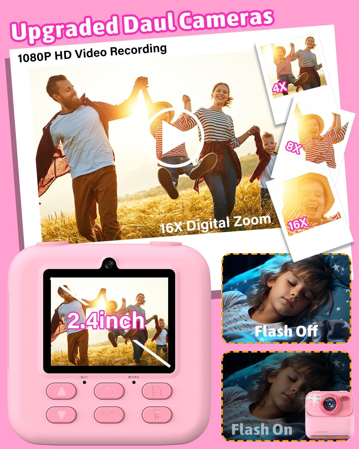 Kids Instant Print Camera, Digital Photo & Video Camera, Fun Gift for Girls Boys 3-12 Year Olds, Christmas & Birthday Present, HD Toy Camera with Printing (Pink)