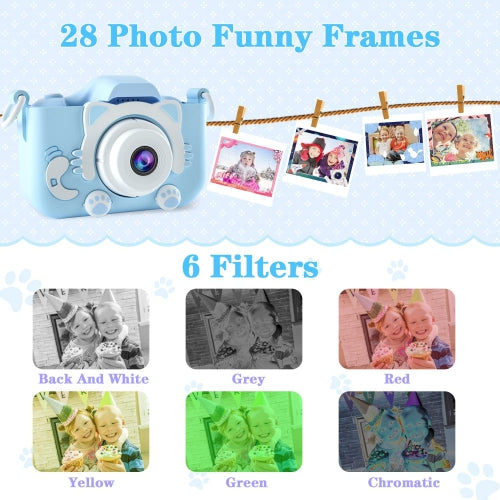 Cat Camera Toy for Kids, Digital Camera with 2.0 Inch Display, 100° angle lens, 3 puzzle games, 28 frames and 6 kinds of filters, HD Video Camera with 32GB SD Card.