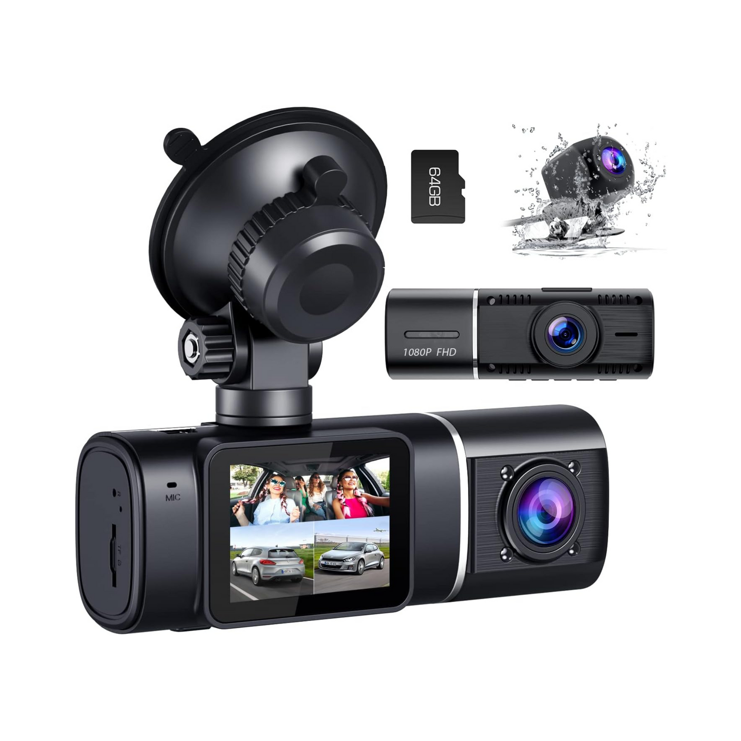 3-Channel Dash Cam with IR Night Vision and 64GB SD Card