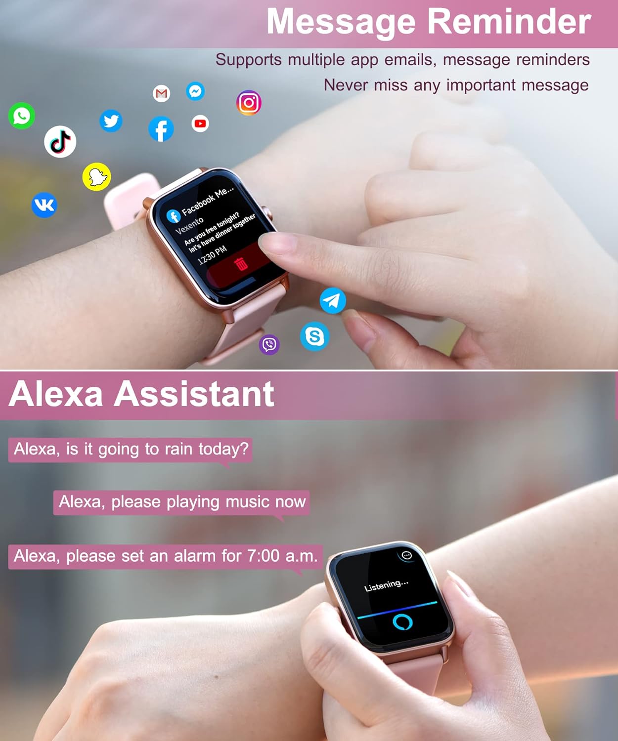 Gleam Up Smart Watch – Alexa, Fitness Tracker, Heart Rate Monitor, IP68 Waterproof (Pink)