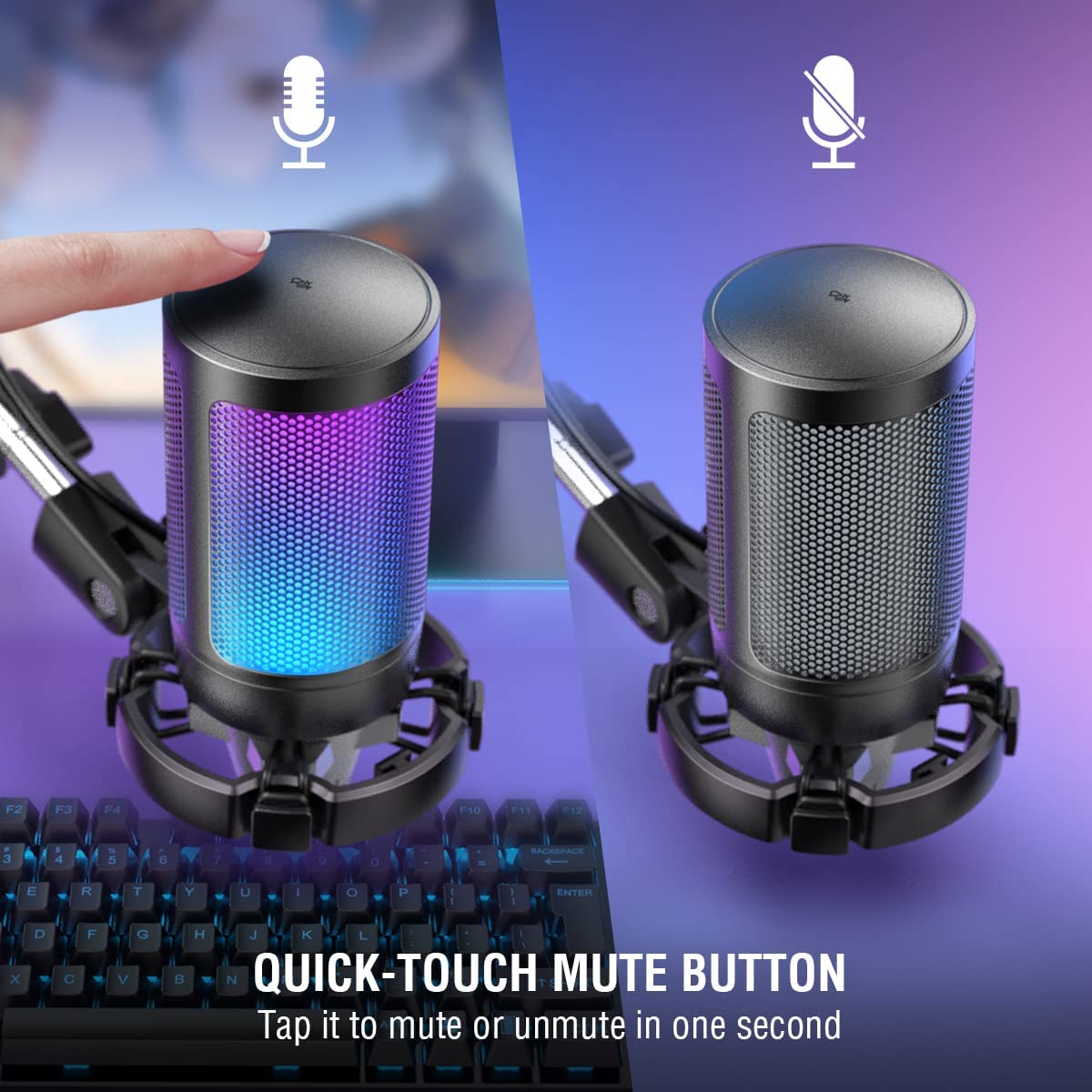 Fifine Gaming Microphone - USB Condenser Mic Kit with RGB, Mute Button, Gain Knob, Boom Arm Stand, Pop Filter for PC Recording