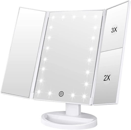 Adjustable Tri-Fold Lighted Makeup Mirror with 21 LED Lights Black, 1x/2x/3x Magnification, Touch Screen Control