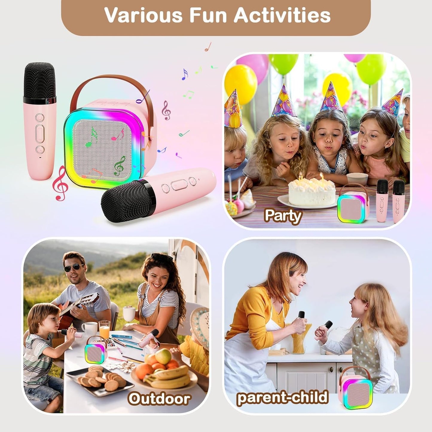 Mini Kids Karaoke Machine 2024, Portable Karaoke Speaker with 2 Wireless Mics & Party Lights, Christmas & Birthday Gift for Girls & Boys Ages 4-12+ (Pink)