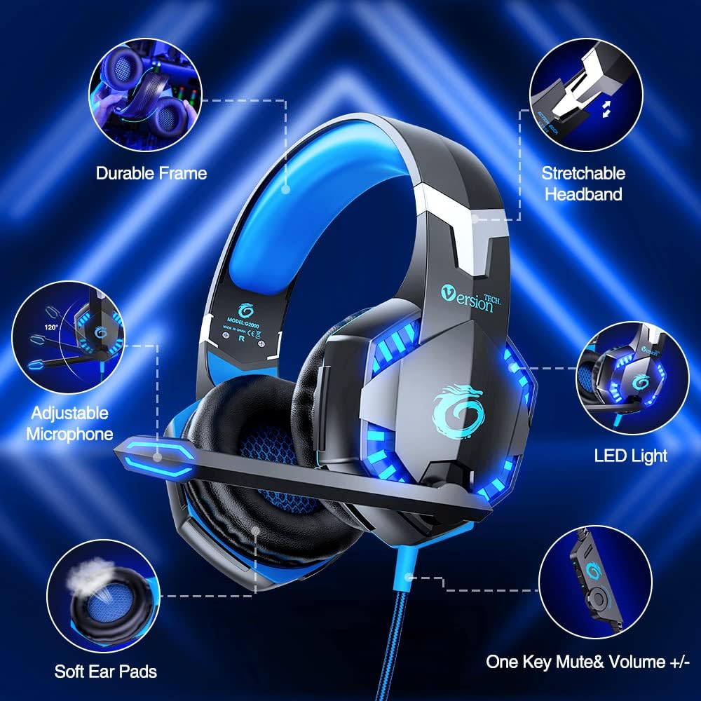 G2000 Stereo Gaming Headset for PC, Xbox One, PS4, PS5 - 3D Surround Sound, Noise-Cancelling Mic, Volume Control, LED Lights - Wired Gaming Chat Headphones - BLACK