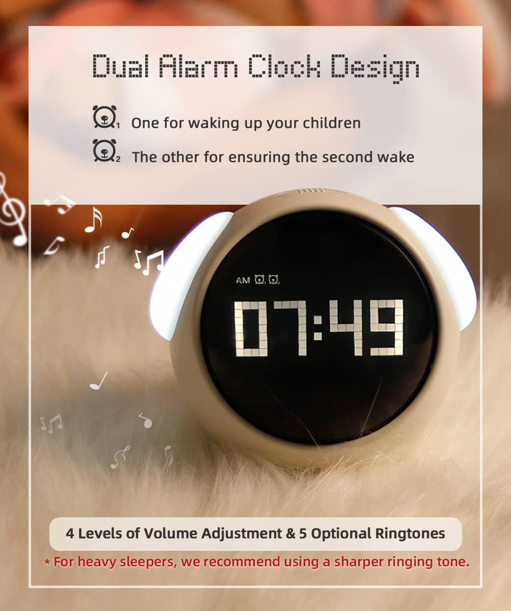 Kids Emoji Alarm Clock with Dual Alarms, Adjustable Brightness Night Light, Voice-Activated, Temperature Detection - Perfect Wake-Up Clock and Christmas Gift for Kids (Pink).
