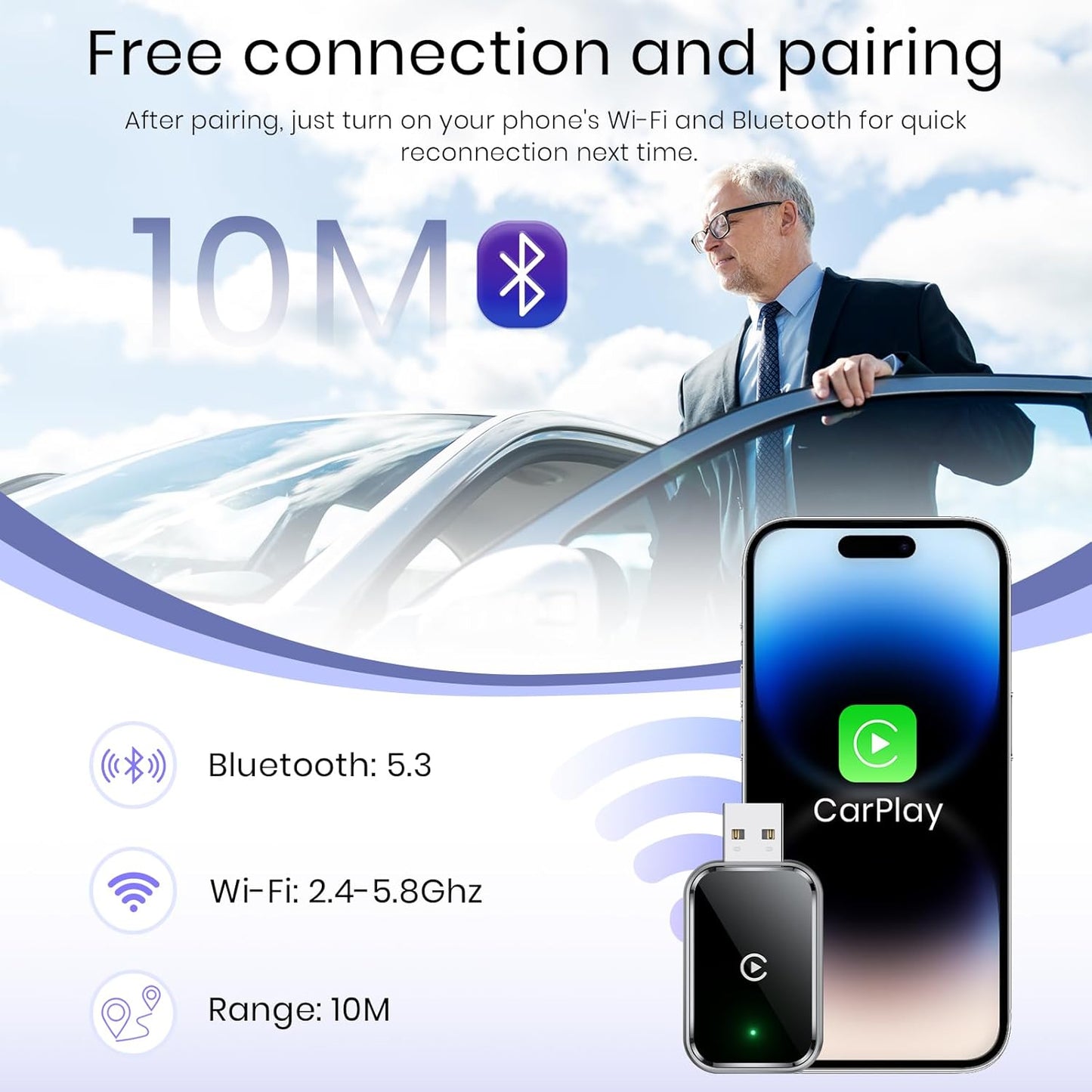 Wireless CarPlay Adapter | Convert Wired to Wireless, USB-C | Adaptateur CarPlay sans fil – Câble vers sans fil, USB-C