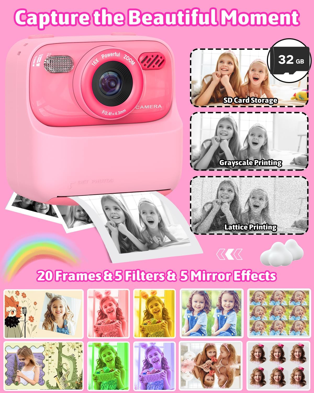 Kids Instant Print Camera, Digital Photo & Video Camera, Fun Gift for Girls Boys 3-12 Year Olds, Christmas & Birthday Present, HD Toy Camera with Printing (Pink)