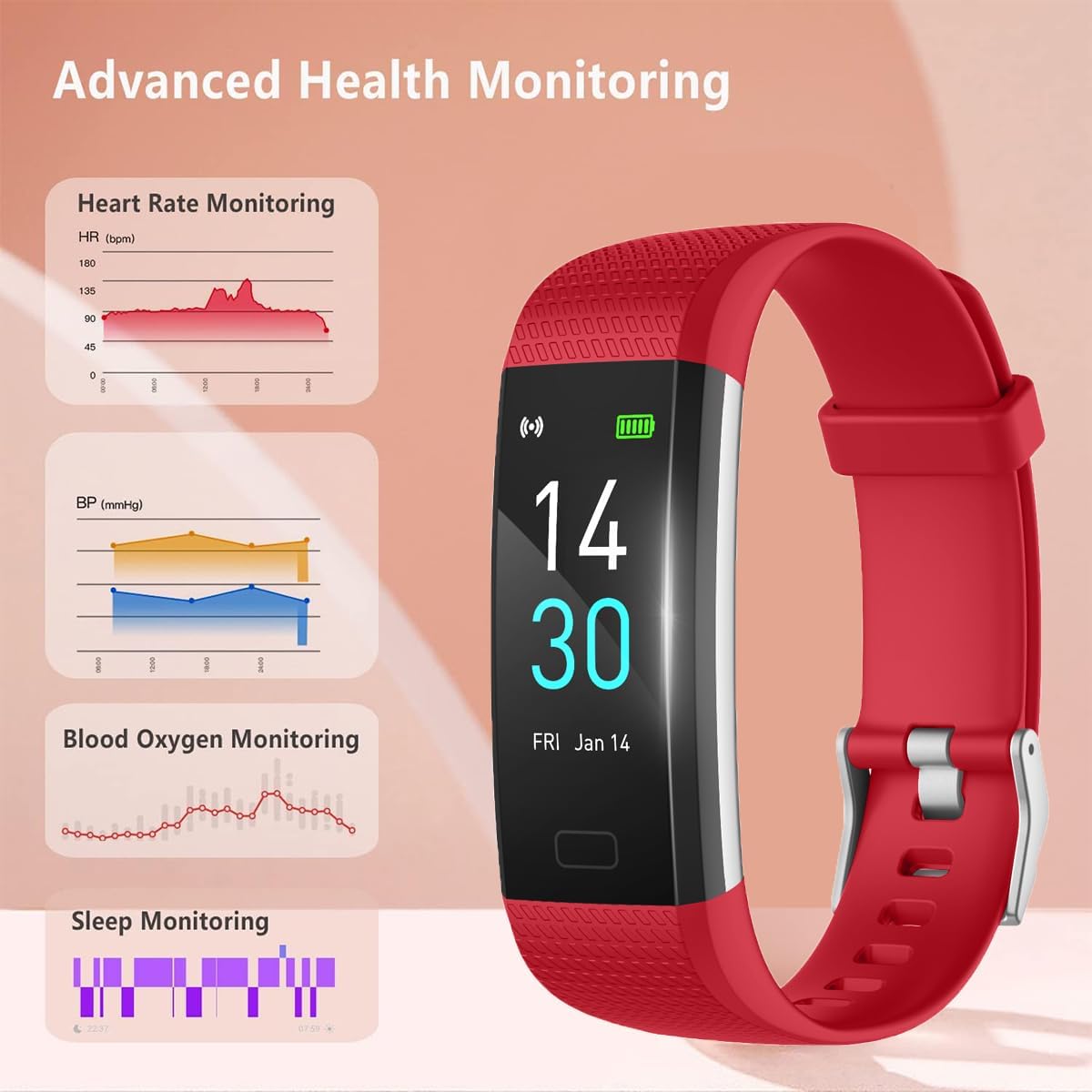 Fitness Tracker Watch with Heart Rate & Sleep Monitor, Step Counter, Calorie Tracker & Multi-Sport Modes for Android & iOS (RED)