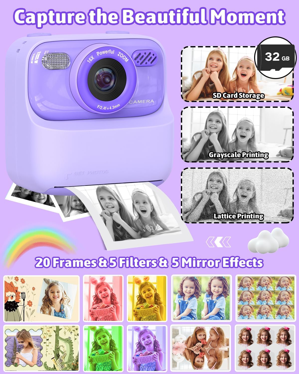 Kids Instant Print Camera, Digital Photo & HD Video, Fun Gift for Girls Boys 3-12 (Purple)