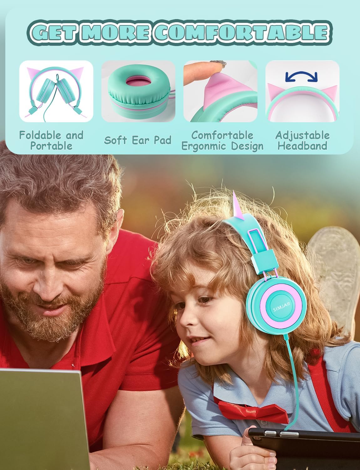 Cat Ear Kids Headphones for School, Wired Foldable Headphones with Adjustable Headband, 3.5mm Jack for Online Learning, Tablet, iPad, Computer – Perfect Christmas Gift, (Green)