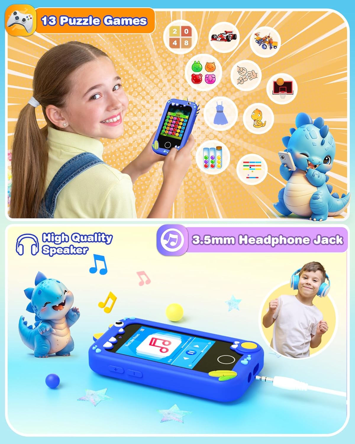 Kids Smart Phone Toy with Dual Cameras, Educational Games & MP3 Player – Blue Dinosaur
