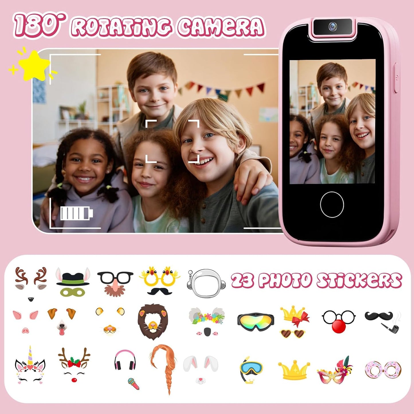 Kids Smart Phone Toy – 2.8" Touchscreen, Dual Cameras, MP3, 13 Games & Habit Tracker (Pink)