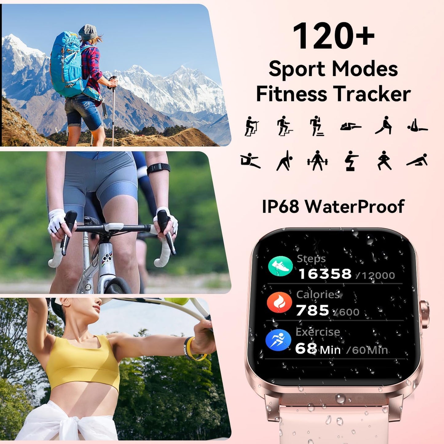 Bluetooth Smart Watch for Men & Women, 1.85" HD Fitness Tracker with Call Function, Heart Rate/Sleep/SpO2/Blood Pressure Monitor, Compatible with iOS & Android (Pink)