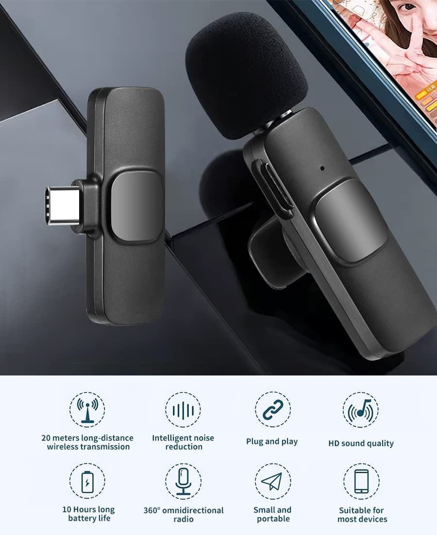 ULTREND Plug-Play Wireless Lavalier Microphone (with USB C connecter) for Android & iPhone 15.